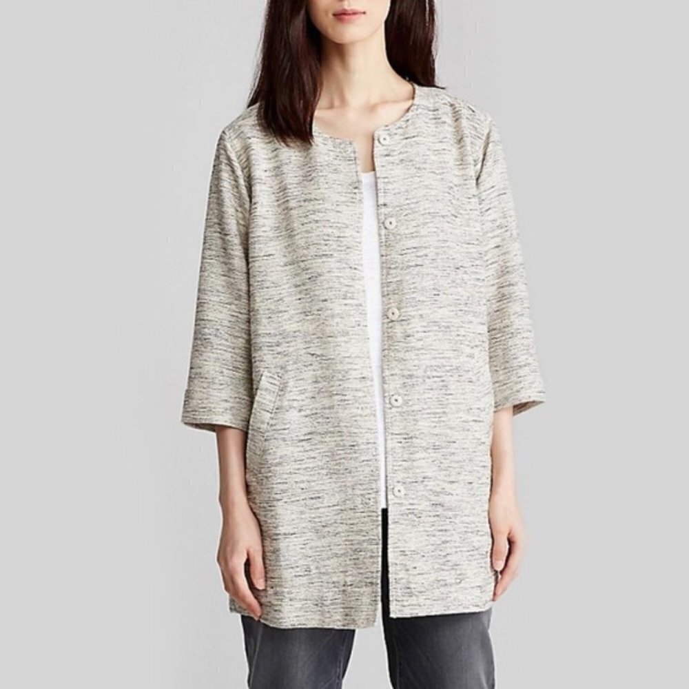 Eileen Fisher Natural Hand Loomed Cotton Furrows Gray Longline Jacket Lagenlook